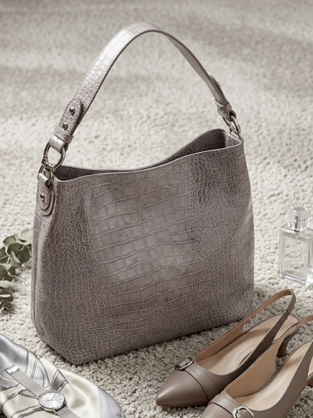 Crocodile Embossed Faux Leather Shoulder Bag Taupe Neutral | Textured Chic |